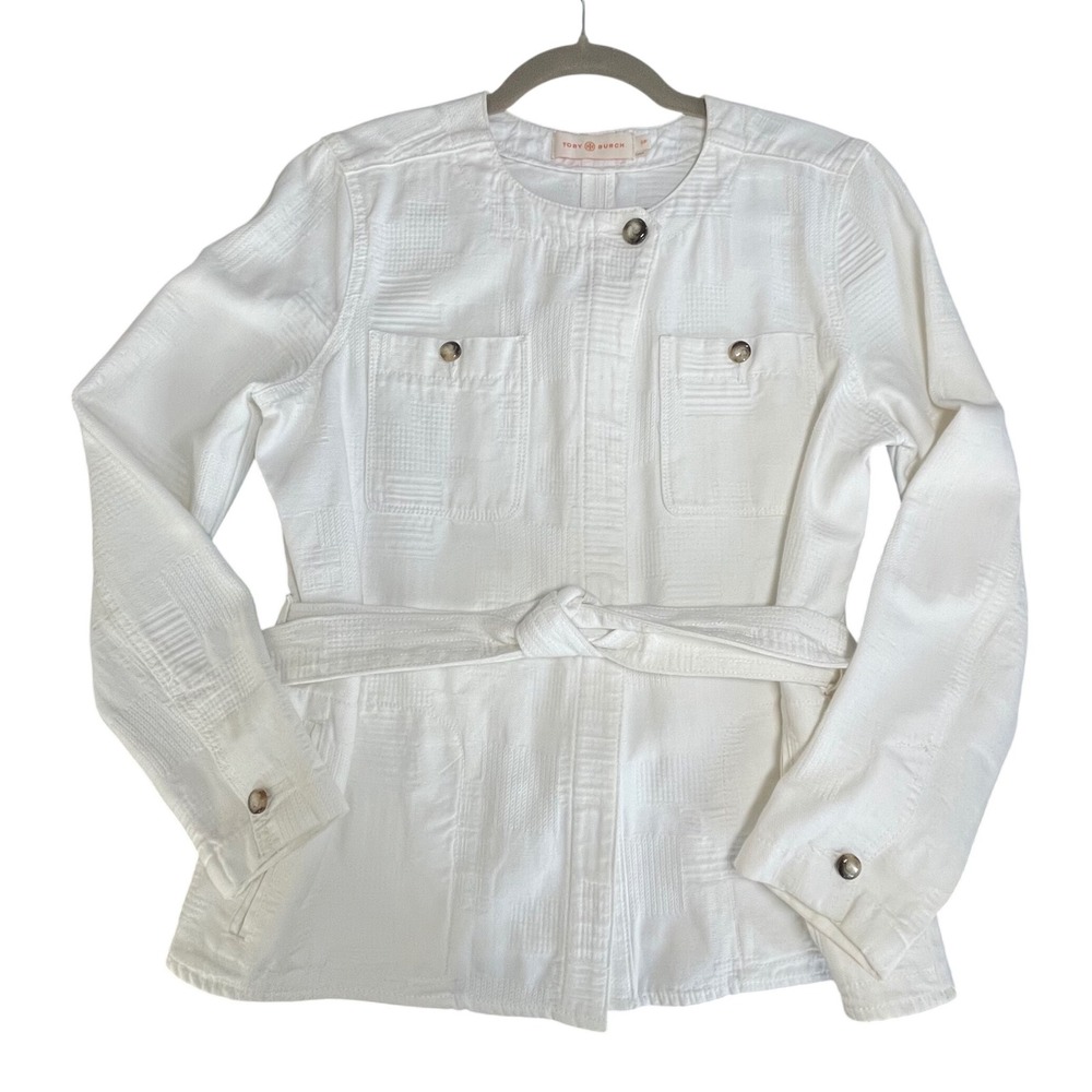 Tory Burch White Textured Cotton Belted Everett Jacket 12161501‎ Womens Size S/P